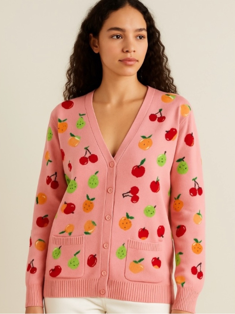 Clammy Heart Fruit Print Knit Cardigan Pink S